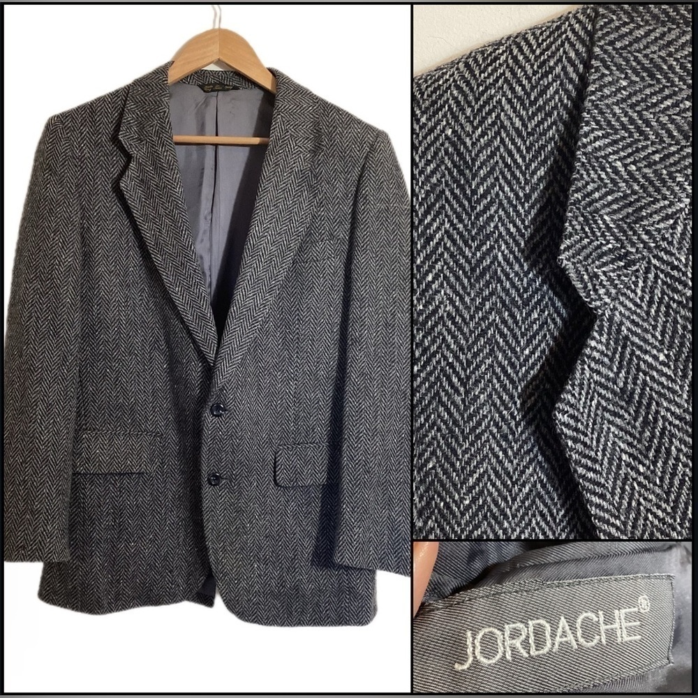 Jordache Herringbone Wool Blazer Suit Jacket Sport Coat Mens 40R Academia Retro